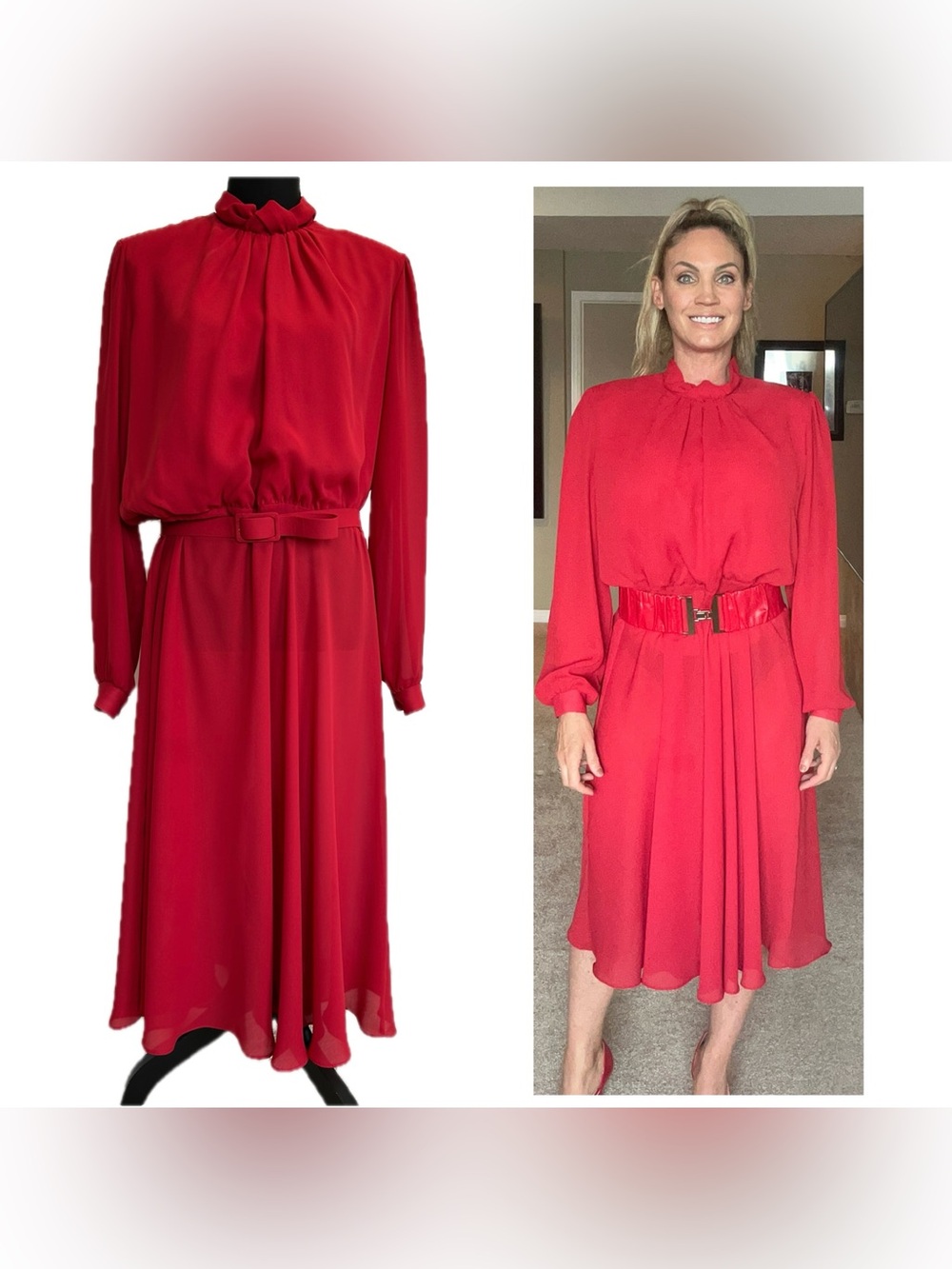 Vintage D’Allaird’s Red Long-Sleeve Ruffled Neck pleated chiffon Midi Dress